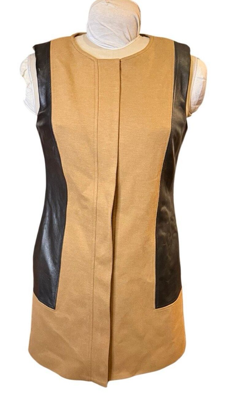 Donna Degnan Camel w/ Black Leather Trim Dress Size 8 Academic Minimalist
